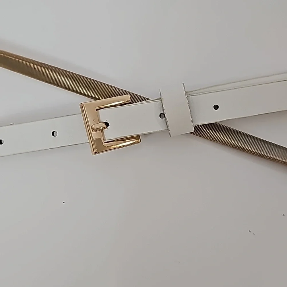 80s White Leather & Gold Accordian Snake Stretch Belt Womens Slim Vintage Rare